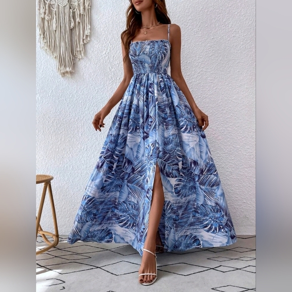 Dresses & Skirts - New Tropical Floral Print Maxi Stretch Cami Tube Top Dress Blue White